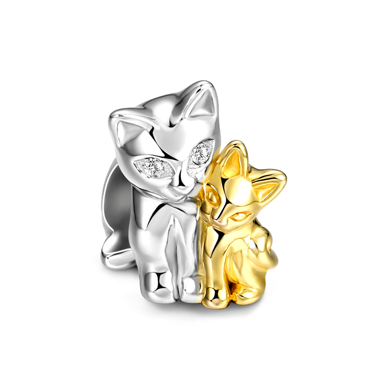 Mother and Baby Cat Charm 14k Gold Plated Silver - 
