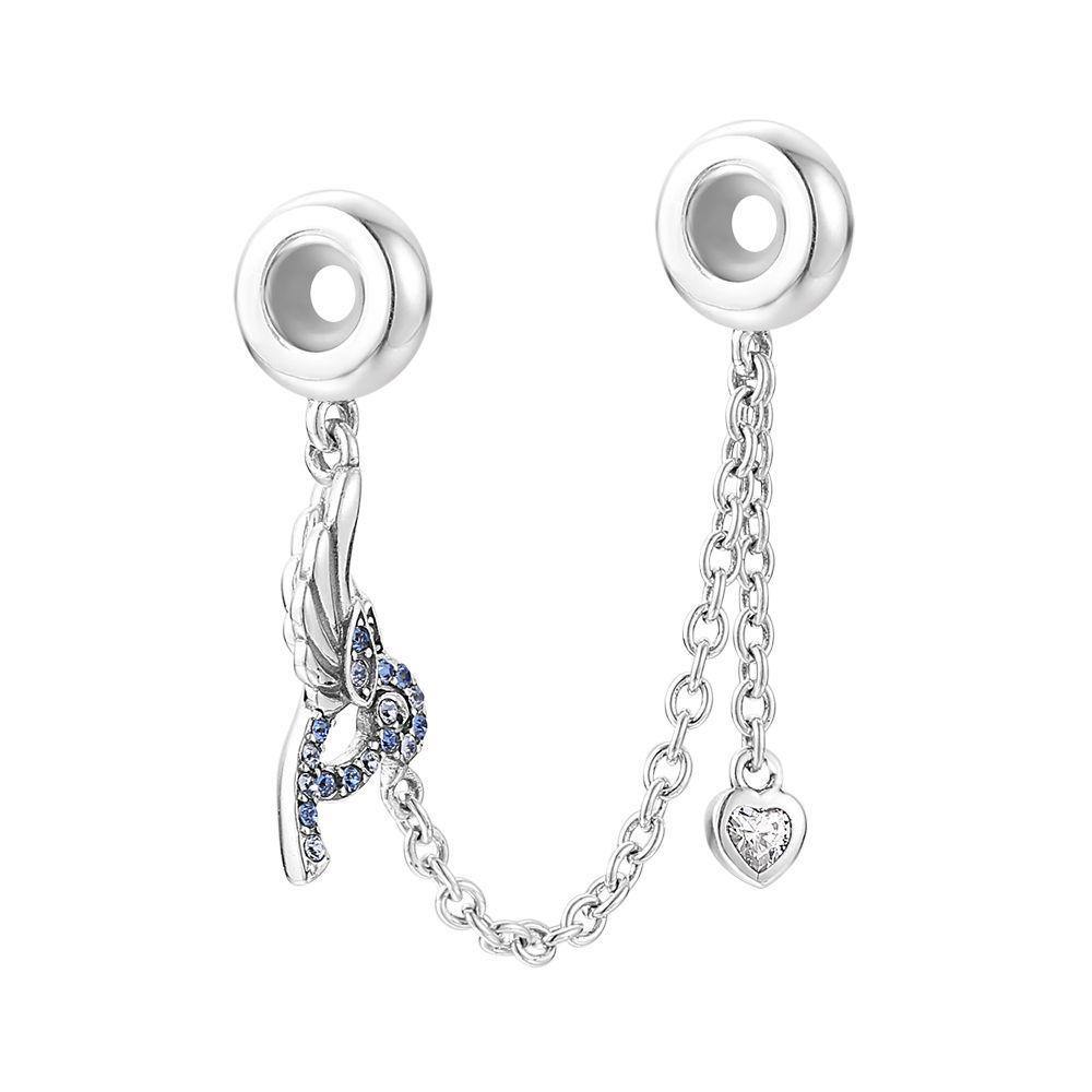 Blue Robin Lines Knot Charm Safety Chain Silver Swarovski Crystal - 
