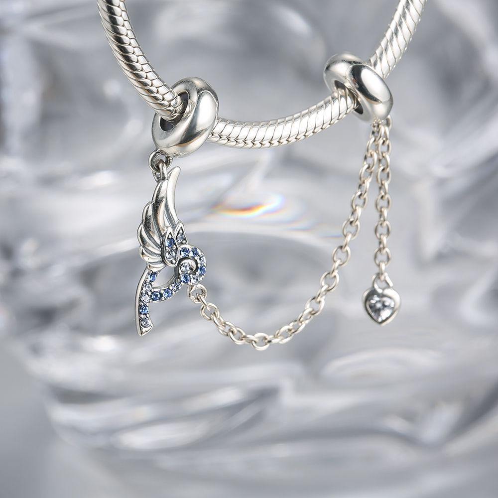 Blue Robin Lines Knot Charm Safety Chain Silver Swarovski Crystal -