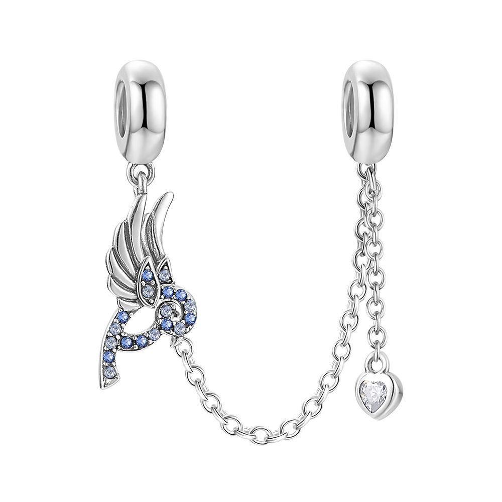Blue Robin Lines Knot Charm Safety Chain Silver Swarovski Crystal - 