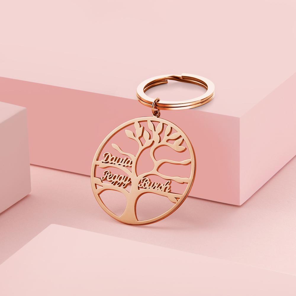 Personalized Name Keychain Family Tree of Life Keychain Rose Gold Plated 1-9 Names - 