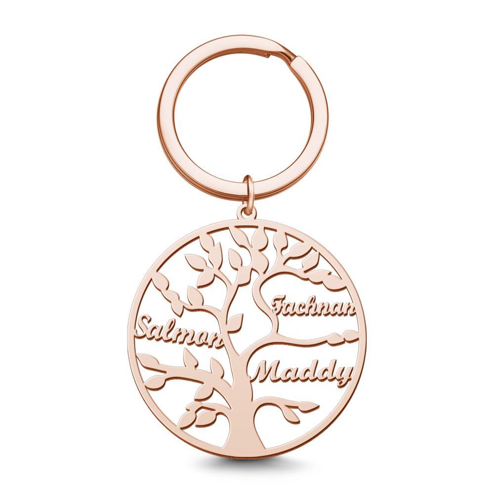 Personalized Name Keychain Family Tree of Life Keychain Rose Gold Plated 1-9 Names - 