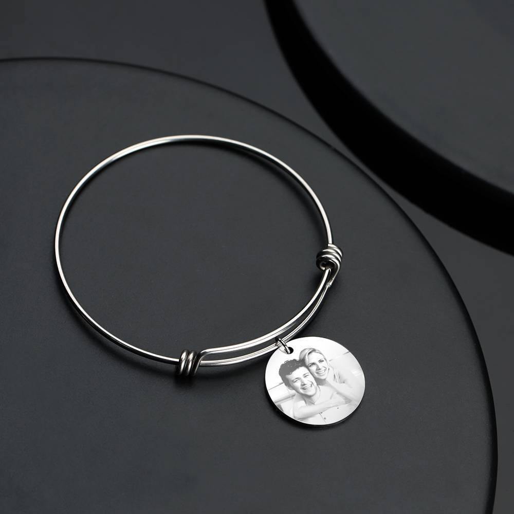 Women's Round Photo Engraved Charm Bangle Stainless Steel - soufeelus