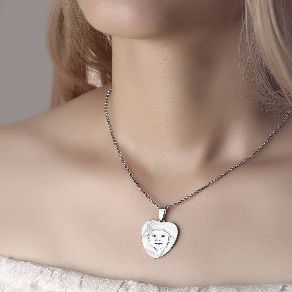 Heart Photo Engraved Tag Necklace With Engraving Stainless Steel Gifts for Mother -