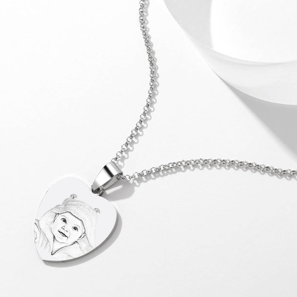 Heart Photo Engraved Tag Necklace With Engraving Stainless Steel Gifts for Mother - 