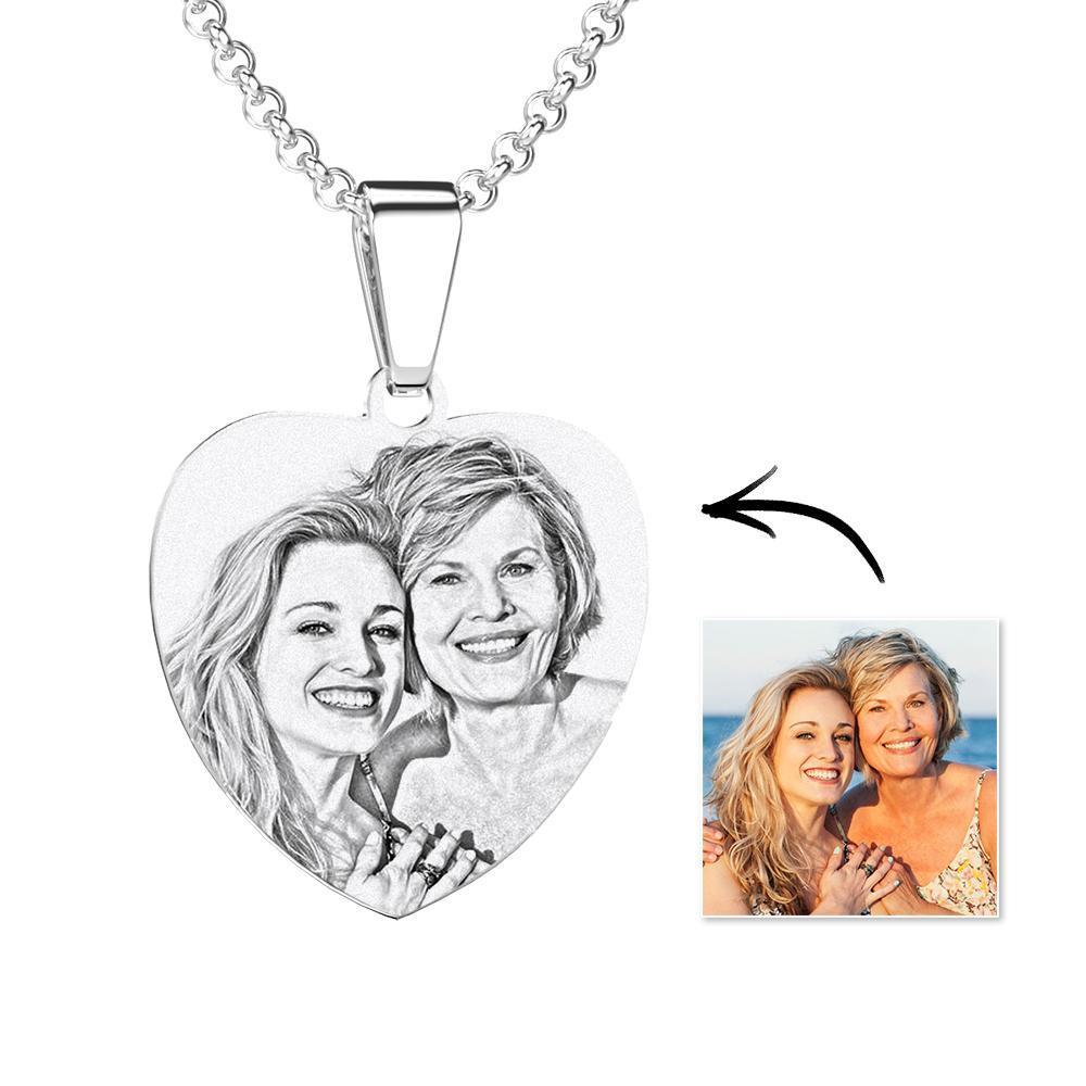 Heart Photo Engraved Tag Necklace With Engraving Stainless Steel Gifts for Mother - 
