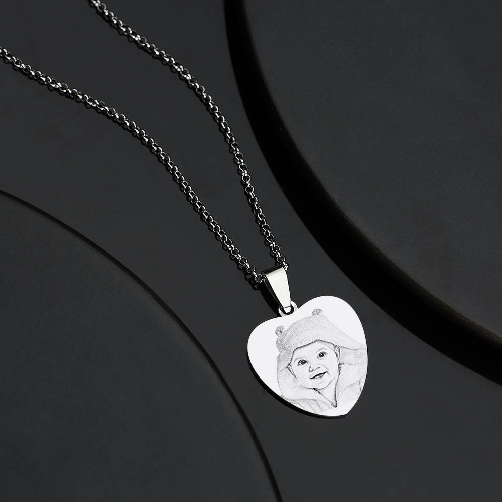 Heart Photo Engraved Tag Necklace With Engraving Stainless Steel Gifts for Mother - 