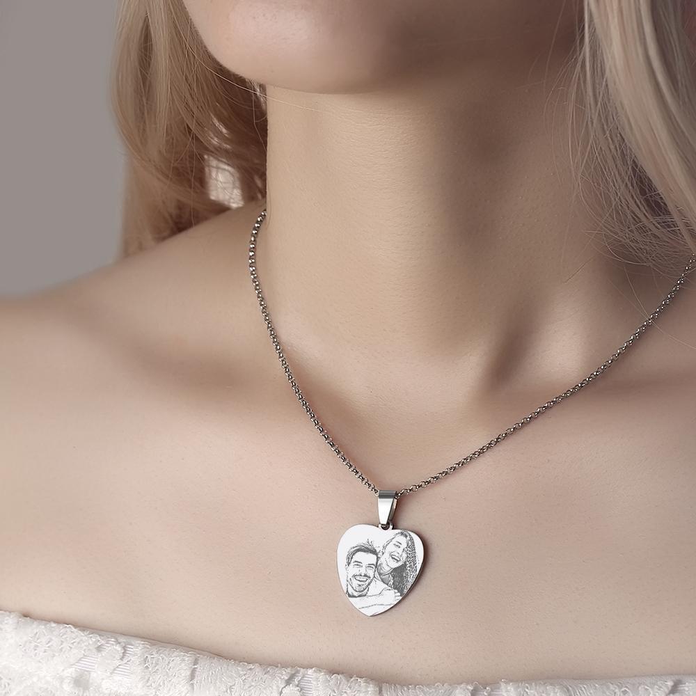 Women's Heart Photo Engraved Tag Necklace With Engraving Stainless Steel Valentine's Day Gifts -