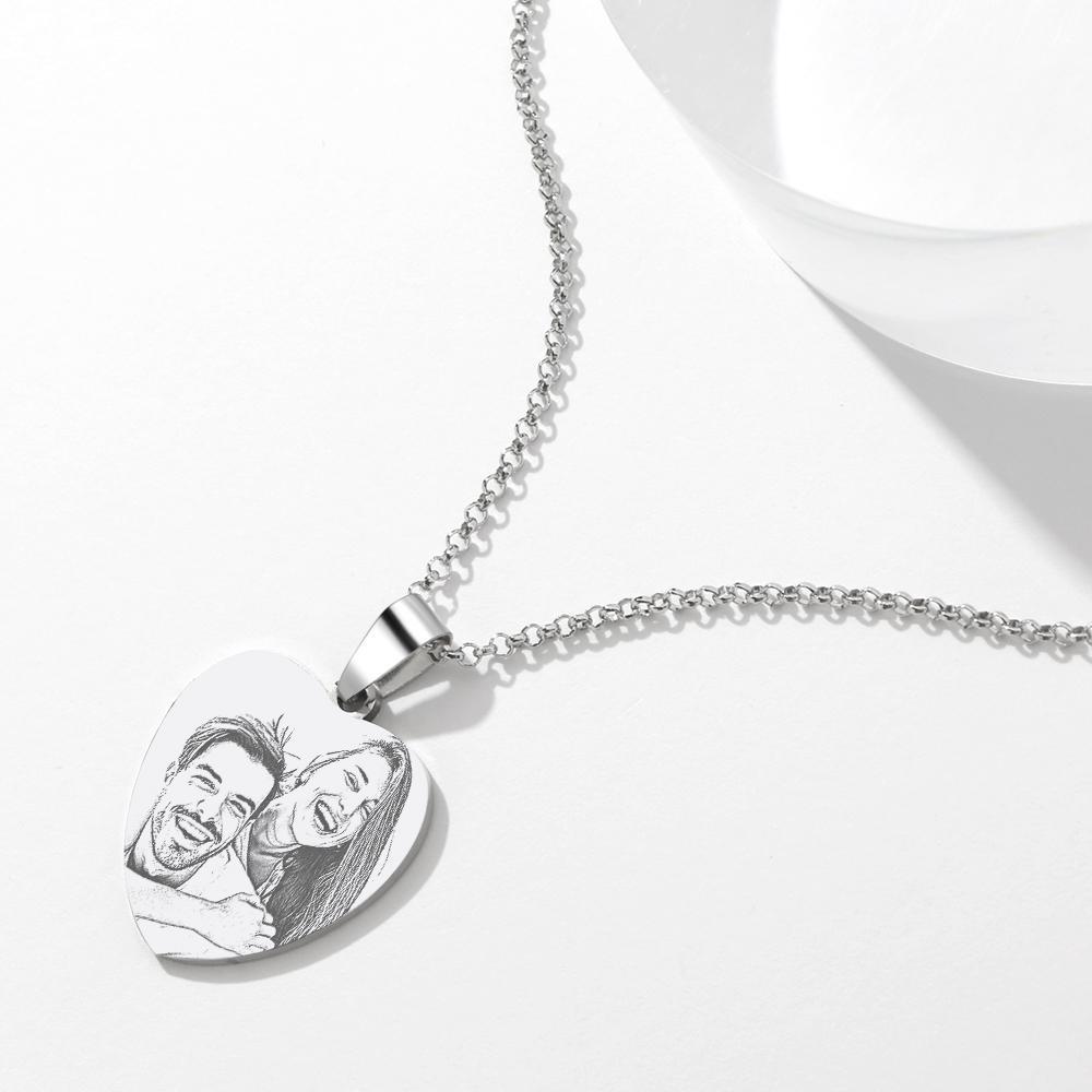 Women's Heart Photo Engraved Tag Necklace With Engraving Stainless Steel Valentine's Day Gifts -