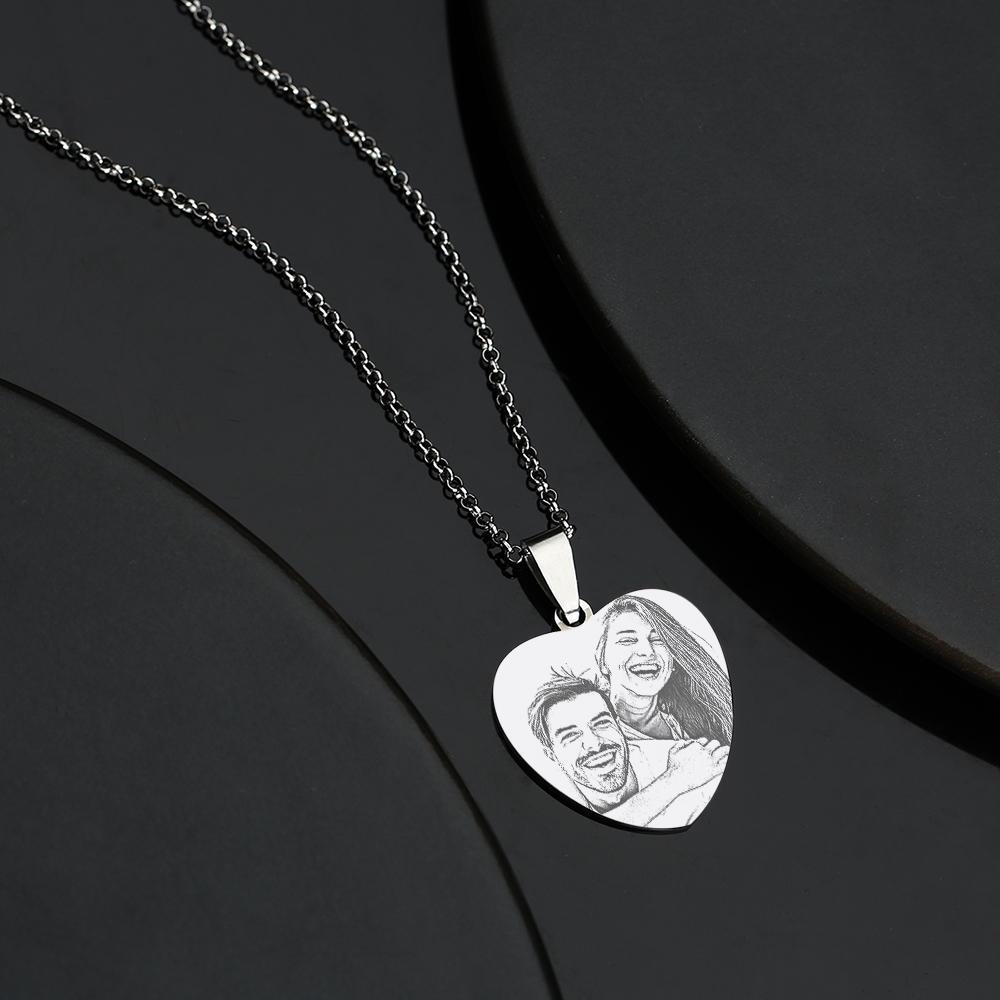 Women's Heart Photo Engraved Tag Necklace With Engraving Stainless Steel Valentine's Day Gifts - 