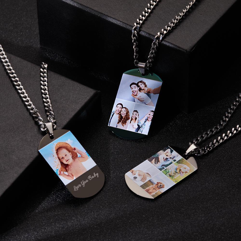 Photo Engraved Tag Necklace with Engraving Colorful Effect Grey - soufeelus