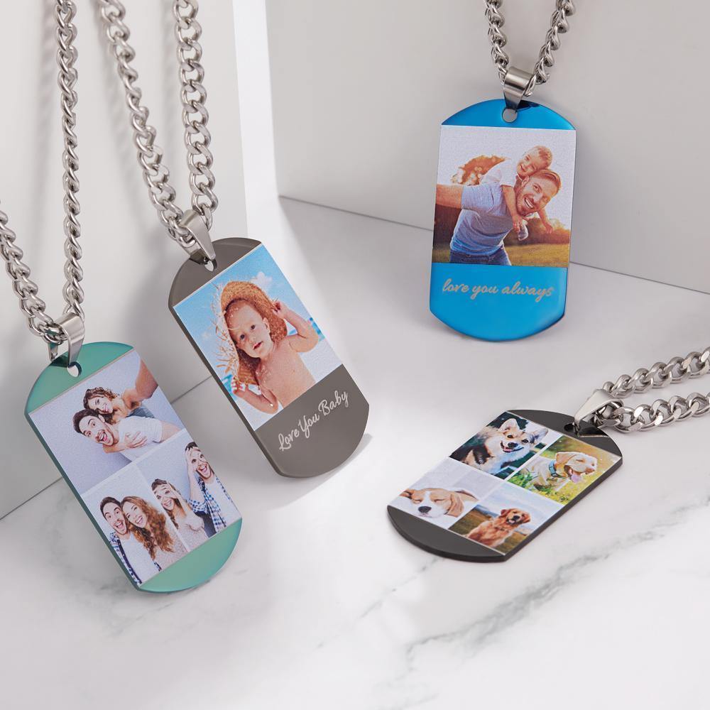 Photo Engraved Tag Necklace with Engraving Colorful Effect Grey - soufeelus