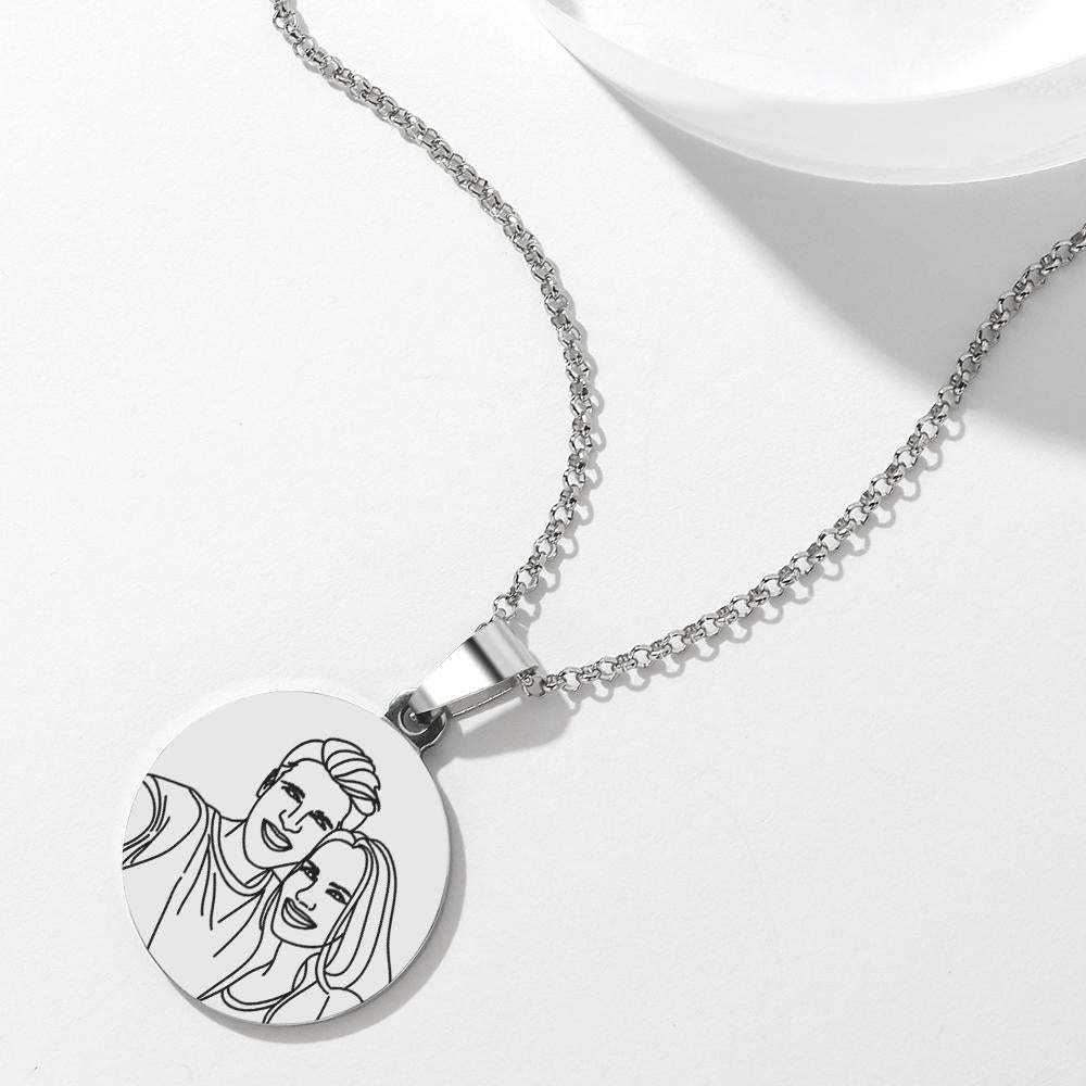 Custom Line Art Photo Engraved Necklace Stainless Steel Round Gift for Her - soufeelmy