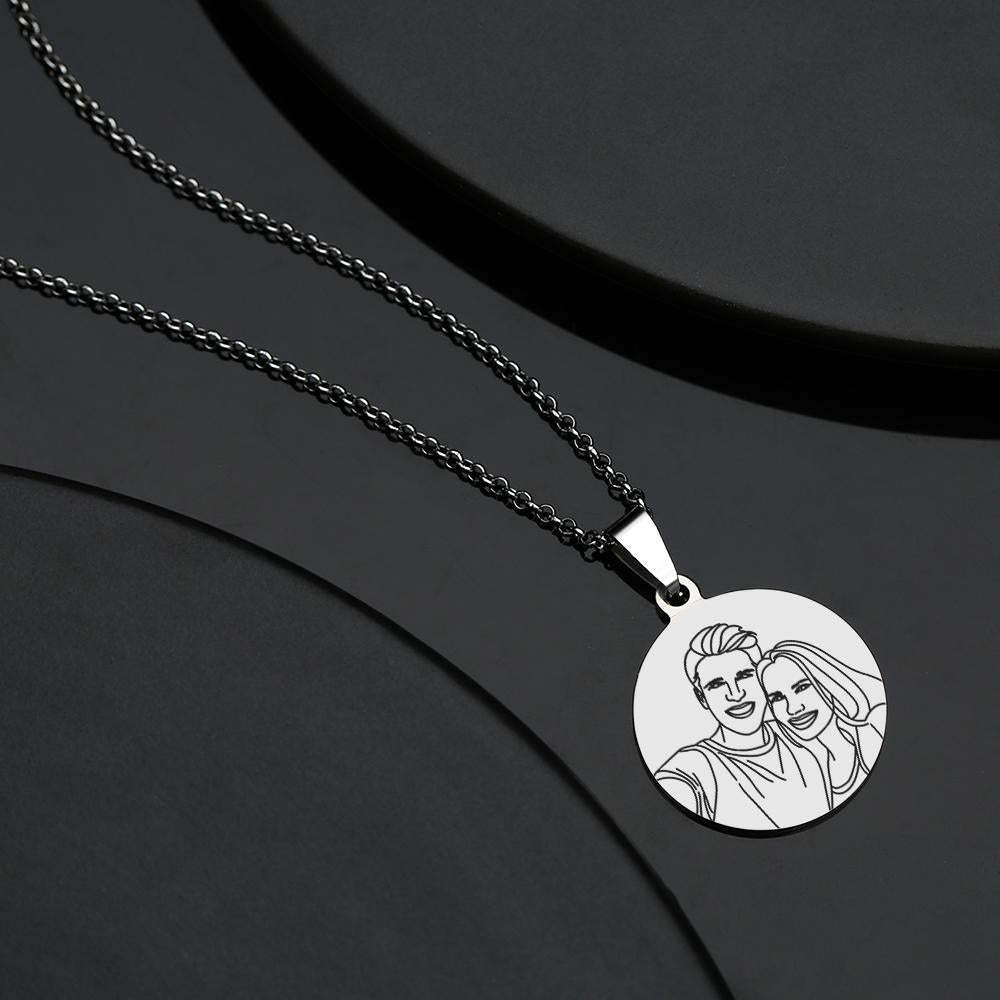 Custom Line Art Photo Engraved Necklace Stainless Steel Round Gift for Her - soufeelmy