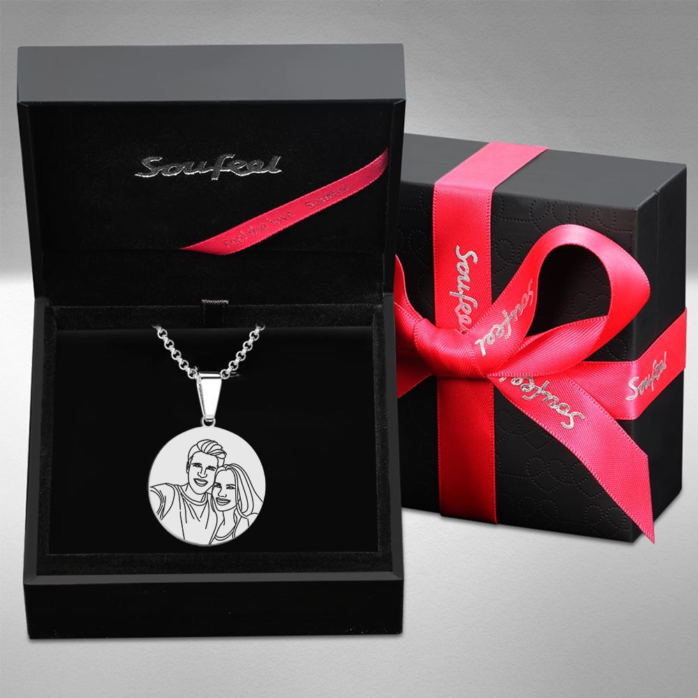 Custom Line Art Photo Engraved Necklace Stainless Steel Round Gift for Her - soufeelmy