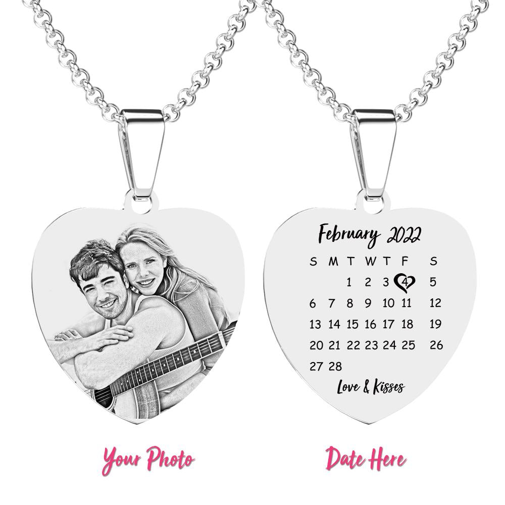 Engraved Heart Calendar Tag Photo Necklace Stainless Steel Gifts for Your Lover - soufeelmy