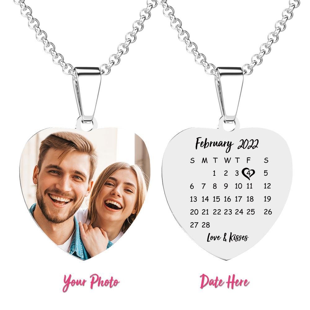 Heart Photo Calendar Engraved Tag Necklace With Engraving Stainless Steel Gifts for Her - soufeelmy