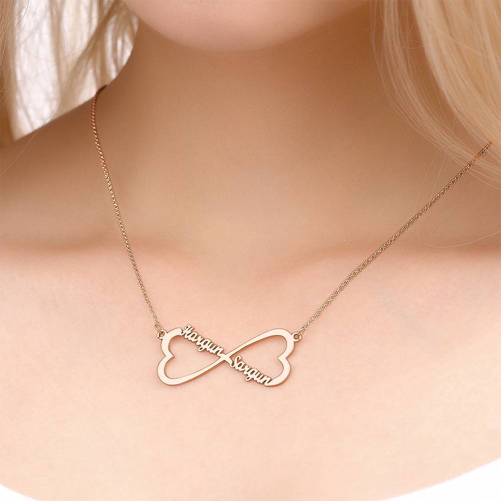 Name Necklace, Infinity Heart Necklace Two Names Rose Gold Plated - Silver - 