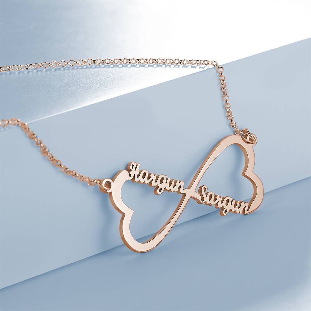 Name Necklace, Infinity Heart Necklace Two Names Rose Gold Plated - Silver - 