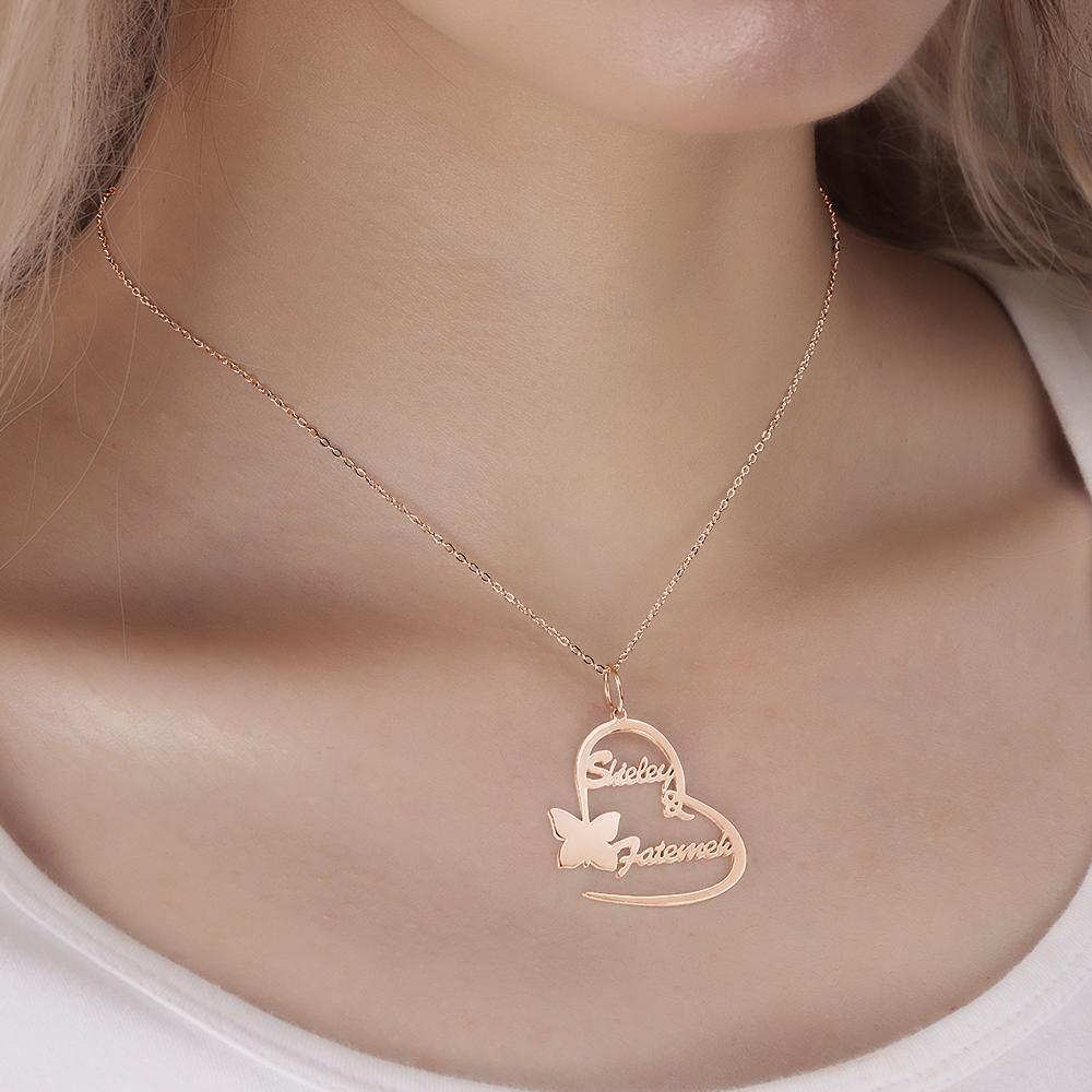 Name Necklace Couple's Necklace Heart-shaped with Little Butterfly Rose Gold Plated - 