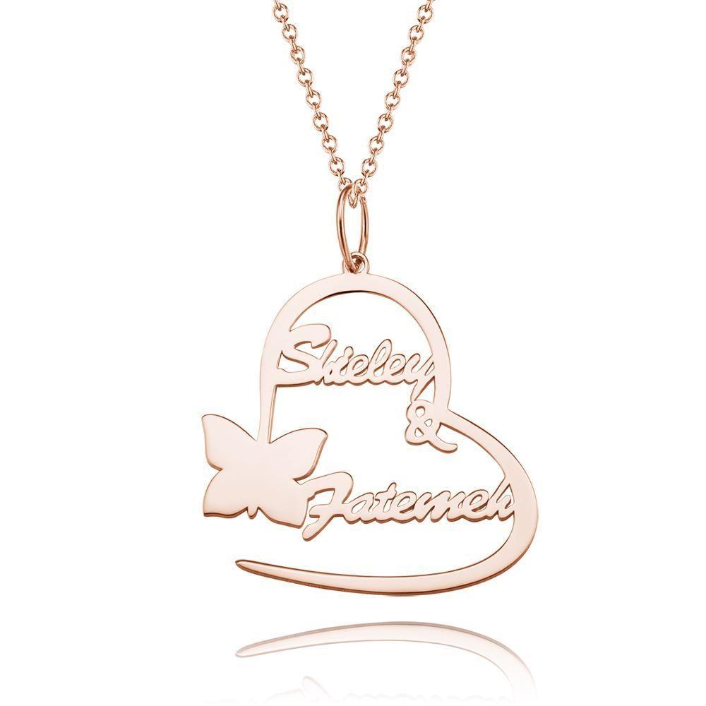 Name Necklace Couple's Necklace Heart-shaped with Little Butterfly Rose Gold Plated - 