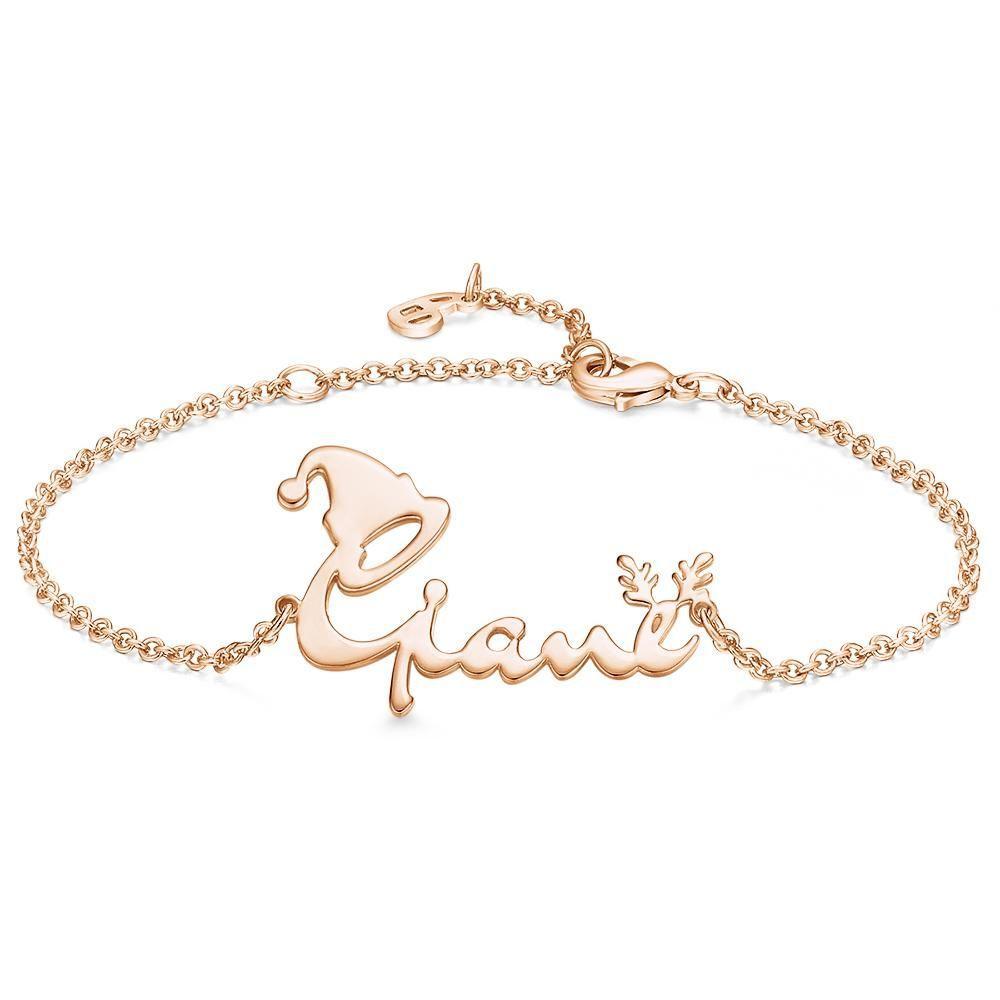 Name Bracelet with Christmas Hat and Antlers for Christmas Gifts Perfect Gift for Her Rose Gold Plated Silver - 