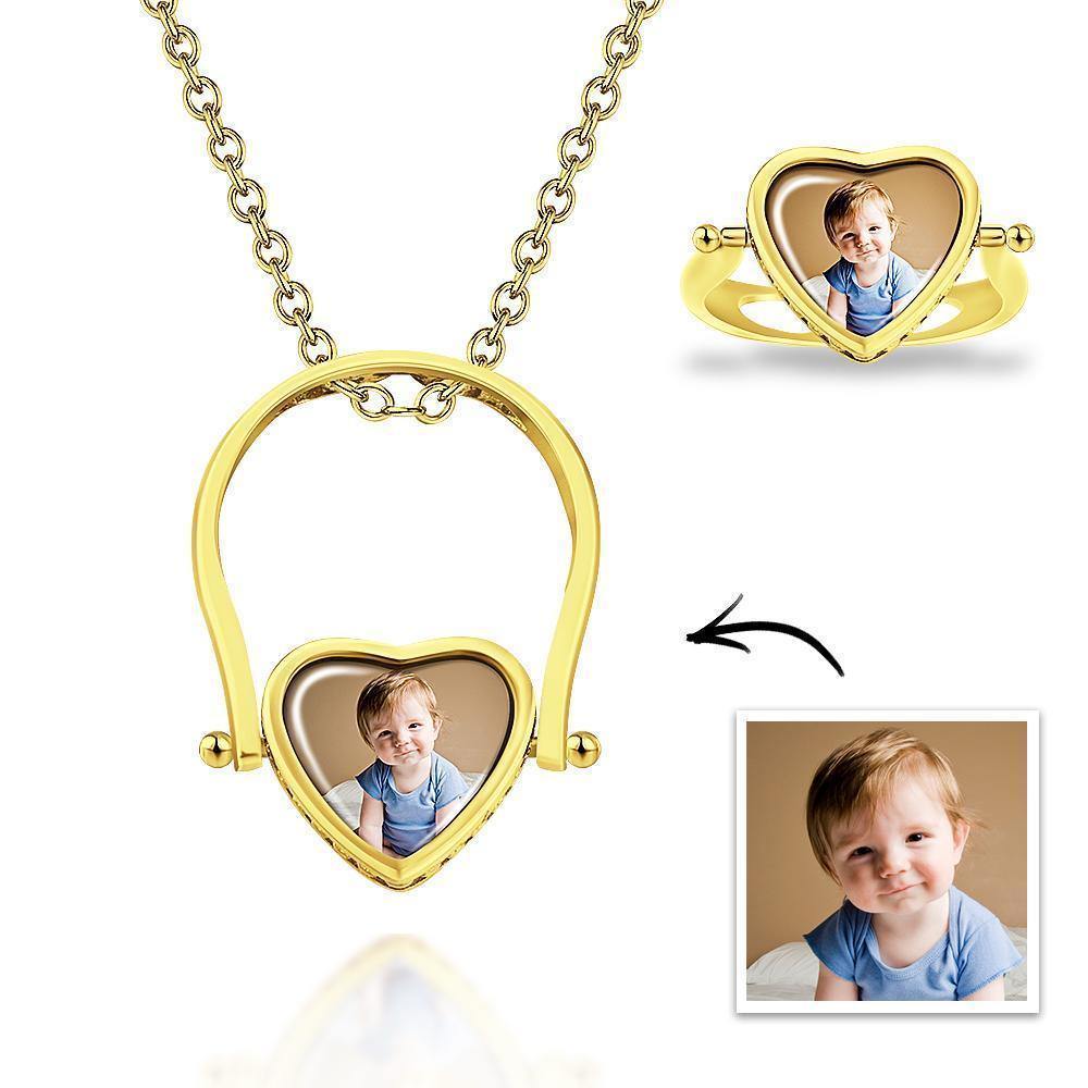 Photo Necklace, Photo Ring Heart-shaped Couple's Gifts Dual-use (Ring Size 5#) Silver - soufeelus