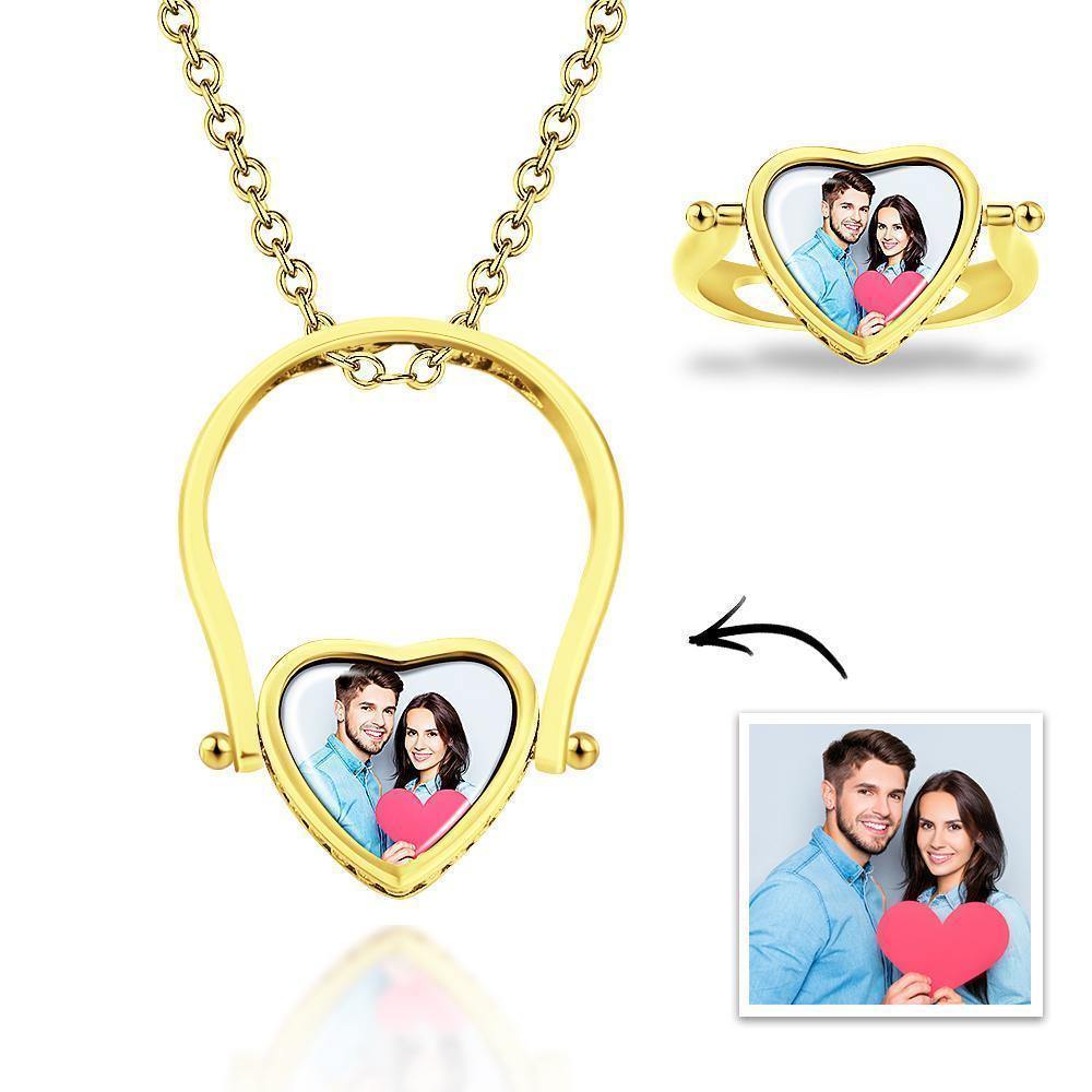 Photo Necklace, Photo Ring Gifts Dual-use (Ring Size 7#) Rose Gold Plated Silver - soufeelus