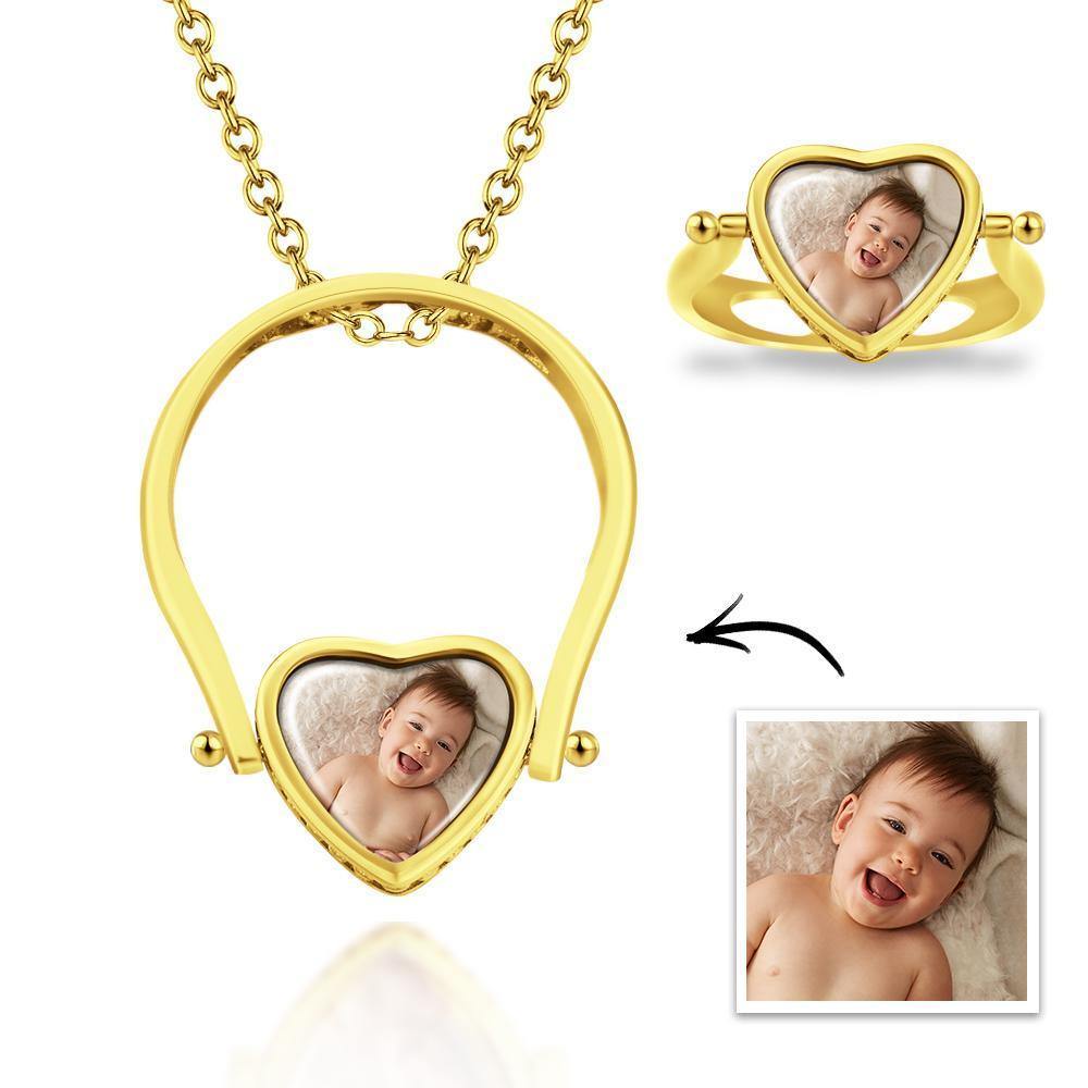 Photo Necklace, Photo Ring Couple's Gifts Dual-use (Ring Size 8#) 14k Gold Plated Silver - soufeelus