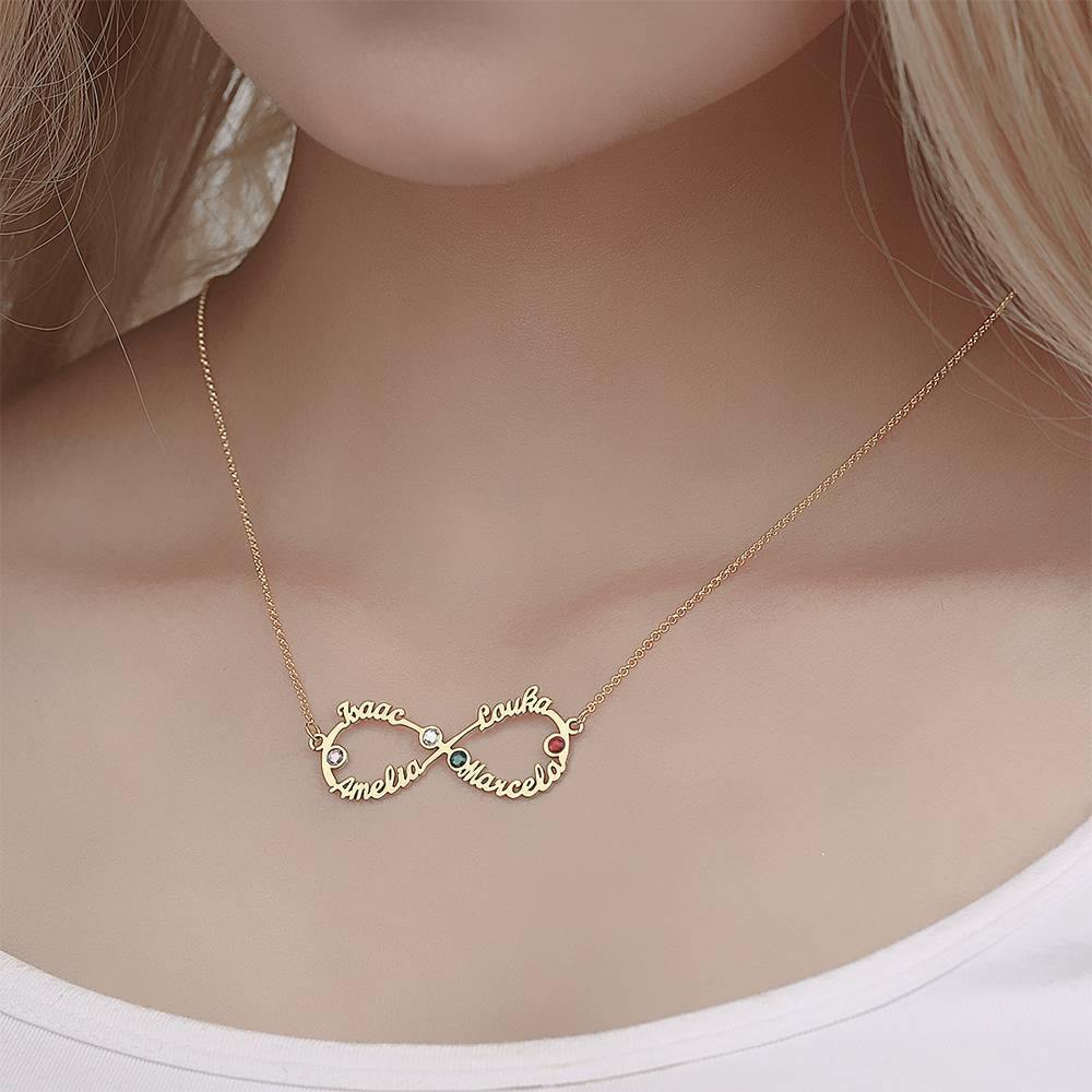 Name Necklace with Birthstone Infinity Necklace Four Names Four Birthstones 14K Gold Plated - Silver - 