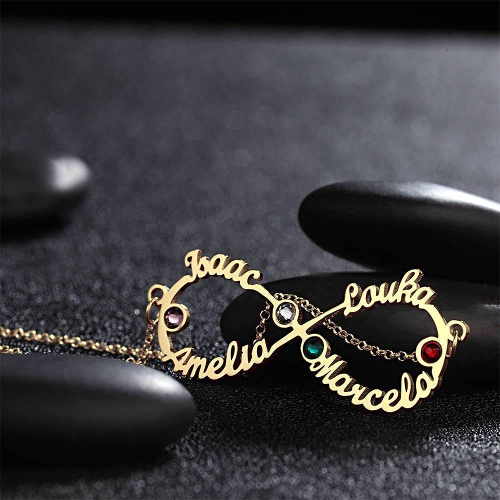 Name Necklace with Birthstone Infinity Necklace Four Names Four Birthstones 14K Gold Plated - Silver - 
