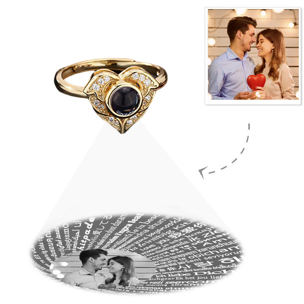 Custom I Love You in 100 Languages Projection Photo Adjustable Ring Angel Wings Heart Valentine's Day Gift for Her - soufeelmy