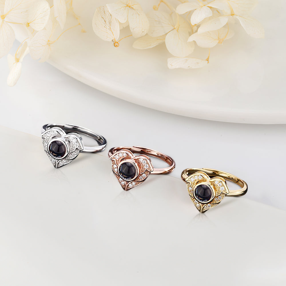 Custom I Love You in 100 Languages Projection Photo Adjustable Ring Angel Wings Heart Valentine's Day Gift for Her - soufeelmy