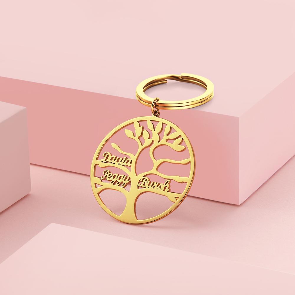 Custom Name Keychain Family Tree of Life Keychain 14k Gold Plated 1-9 Names - 