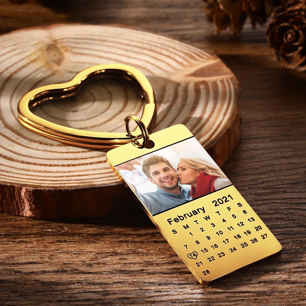 Custom Photo Keychain Calendar Keychain Golden Color Christmas Gifts for Him - 