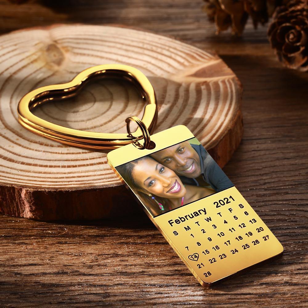Custom Photo Keychain Calendar Keychain Golden Color Christmas Gifts for Him - 