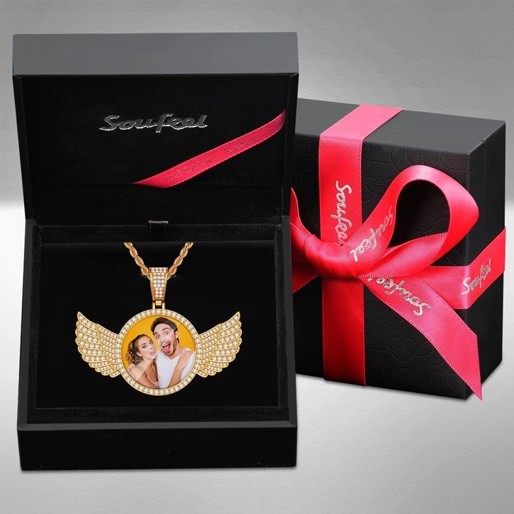 Custom Photo Necklace with Wings Medallions Necklace Iced Out Large Custom Picture Pendant Golden - soufeelus
