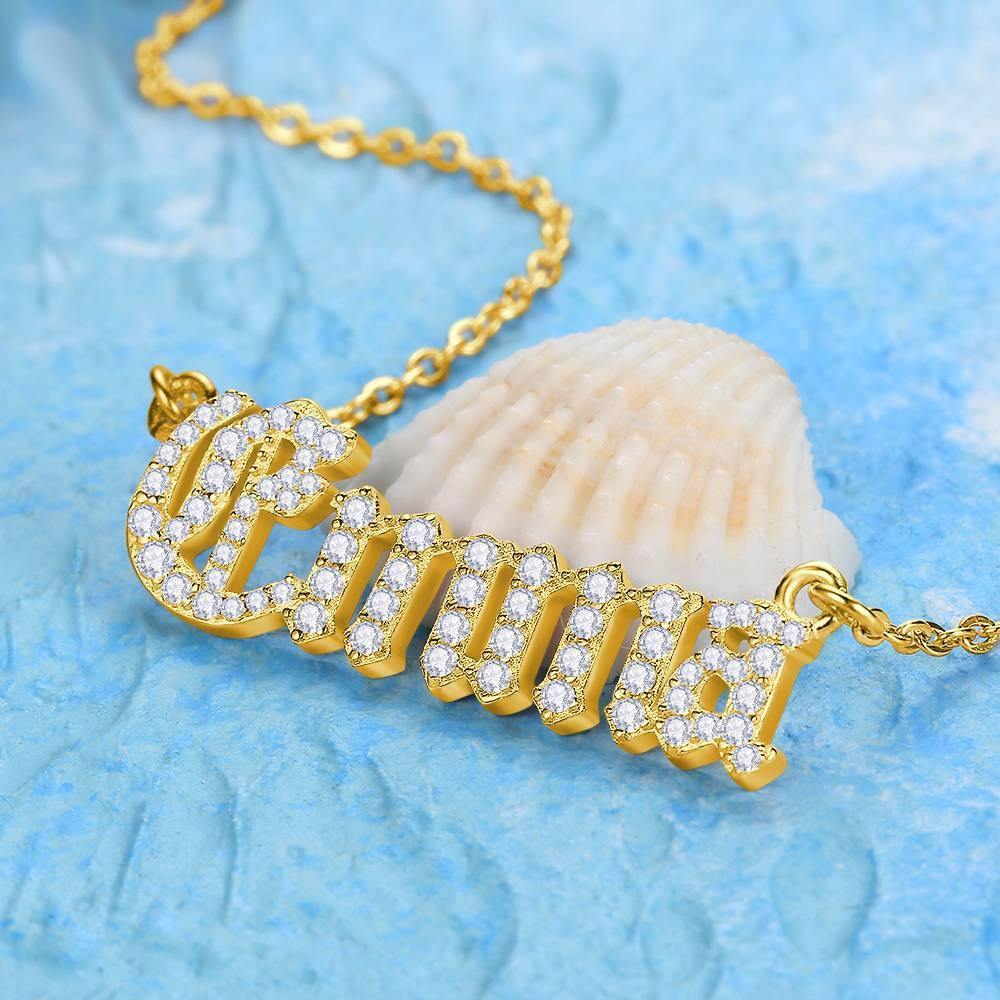 Old English Crystal Name Necklace, Silver 14K Gold Plated - Golden - soufeelus
