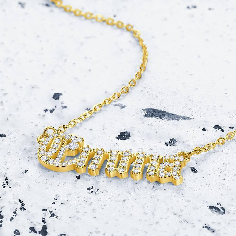 Old English Crystal Name Necklace, Silver 14K Gold Plated - Golden - soufeelus