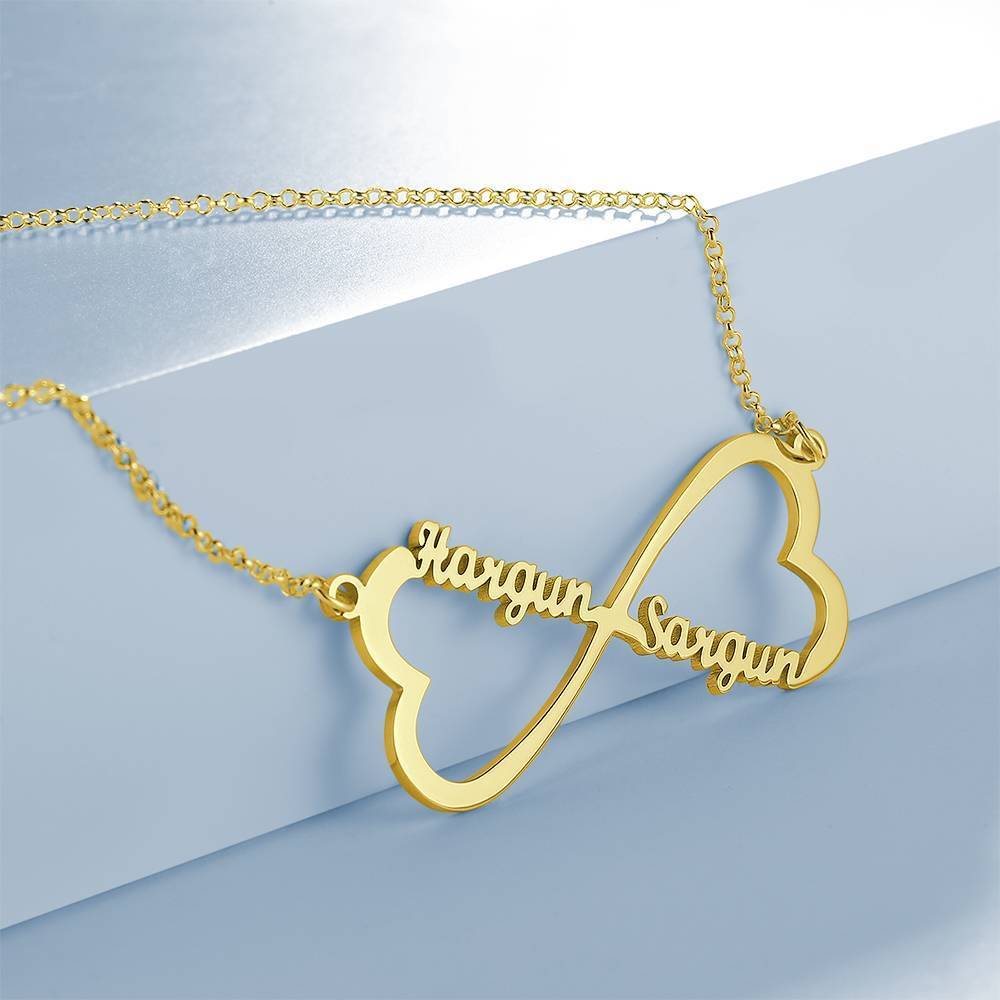 Name Necklace, Infinity Heart Necklace Two Names 14K Gold Plated - Silver - 
