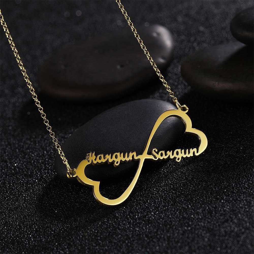 Name Necklace, Infinity Heart Necklace Two Names 14K Gold Plated - Silver - 