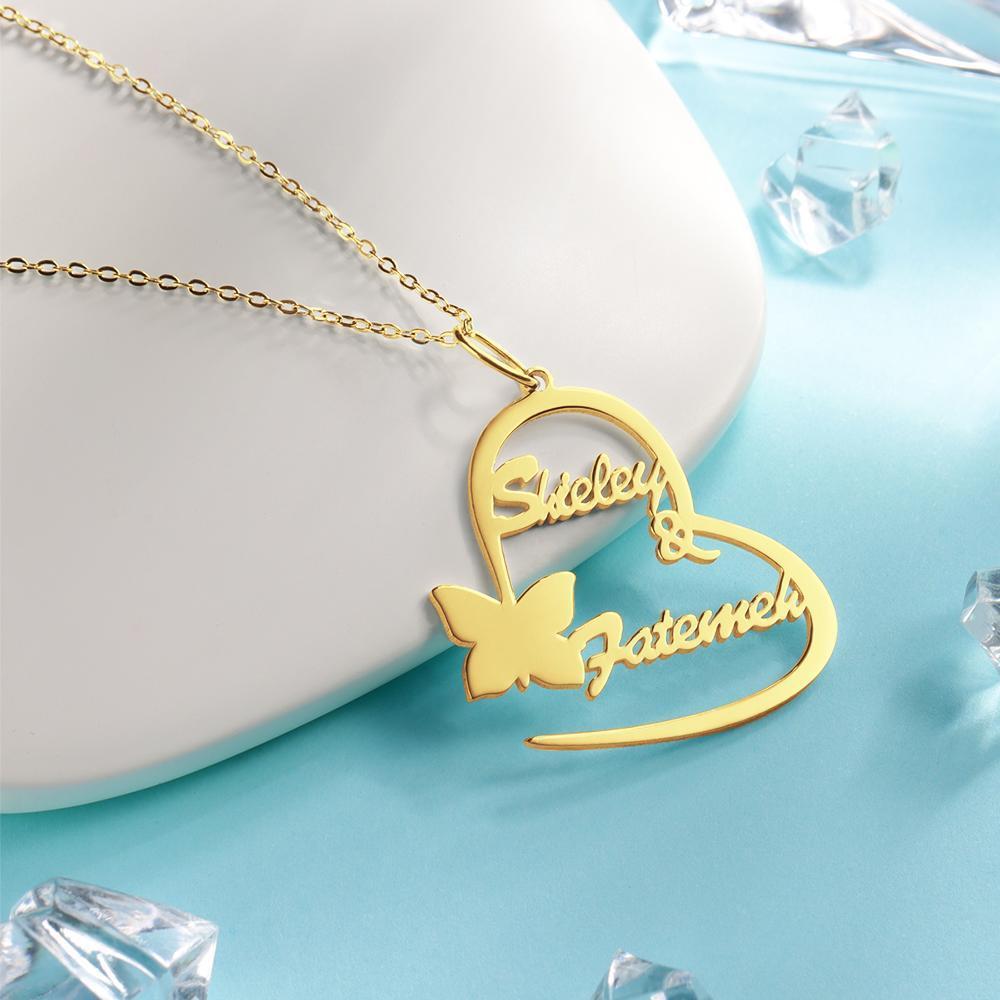 Name Necklace Couple's Necklace Heart-shaped with Little Butterfly 14k Gold Plated - 