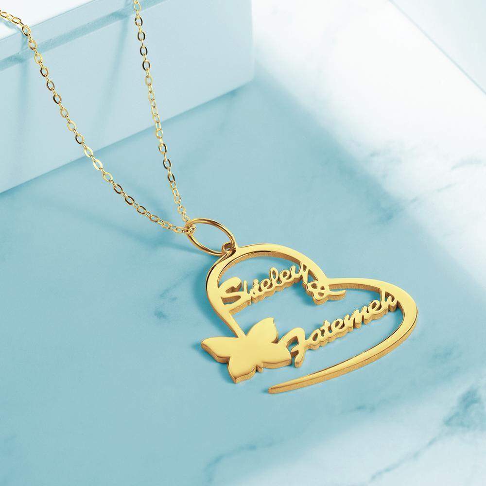 Name Necklace Couple's Necklace Heart-shaped with Little Butterfly 14k Gold Plated - 