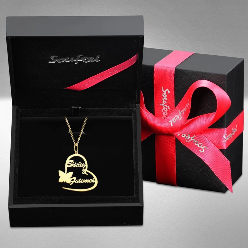 Name Necklace Couple's Necklace Heart-shaped with Little Butterfly 14k Gold Plated - 