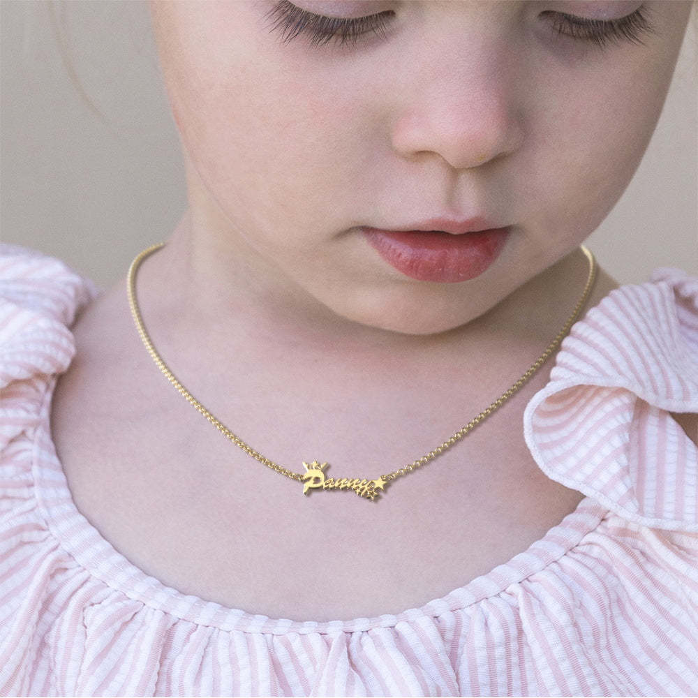 Custom Name Necklace Crown and Stars Necklace Shining Little Princess - 