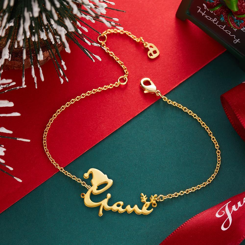 Christmas Gifts Custom Name Bracelet with Christmas Hat and Antlers Perfect Gift 14k Gold Plated Silver - 
