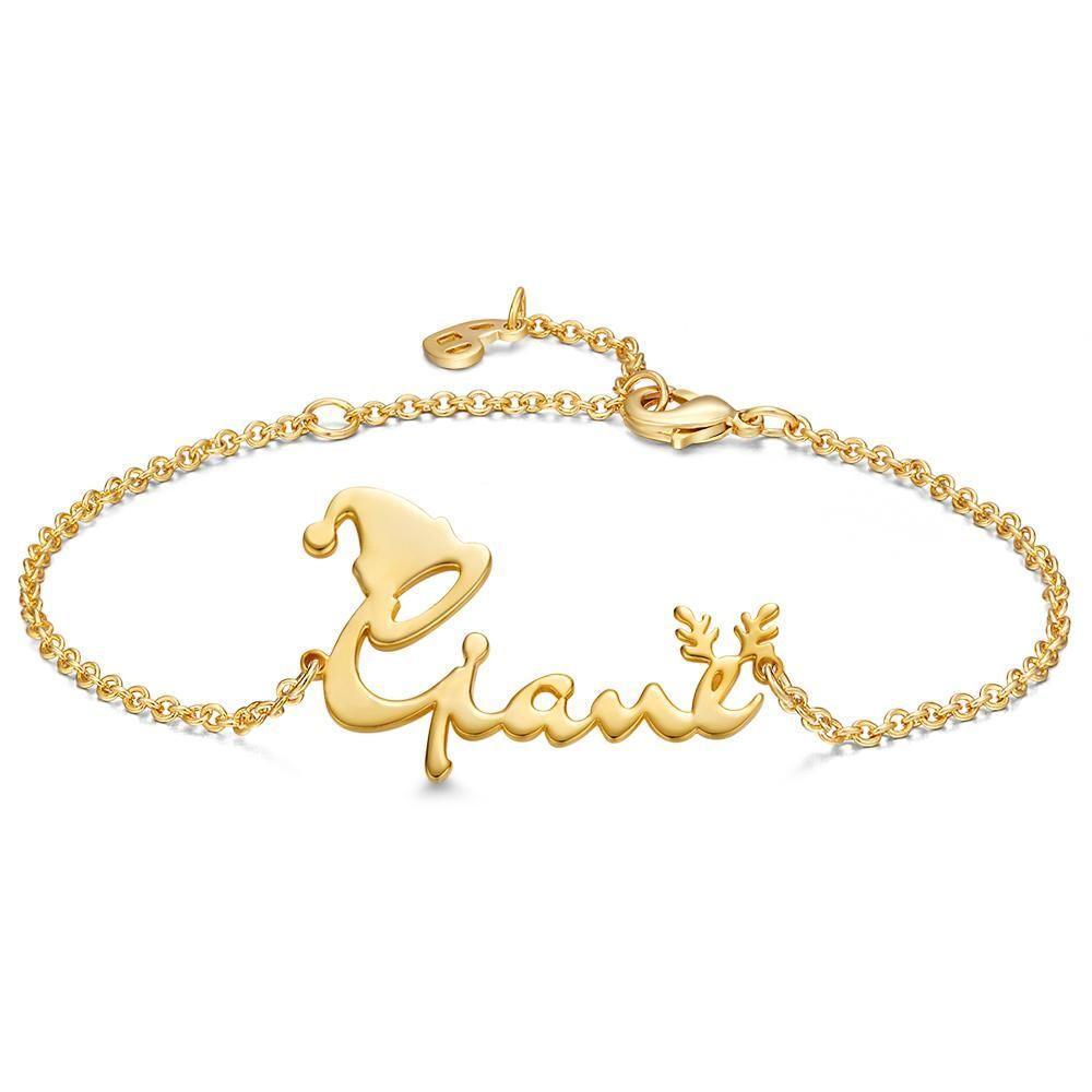 Christmas Gifts Custom Name Bracelet with Christmas Hat and Antlers Perfect Gift 14k Gold Plated Silver - 