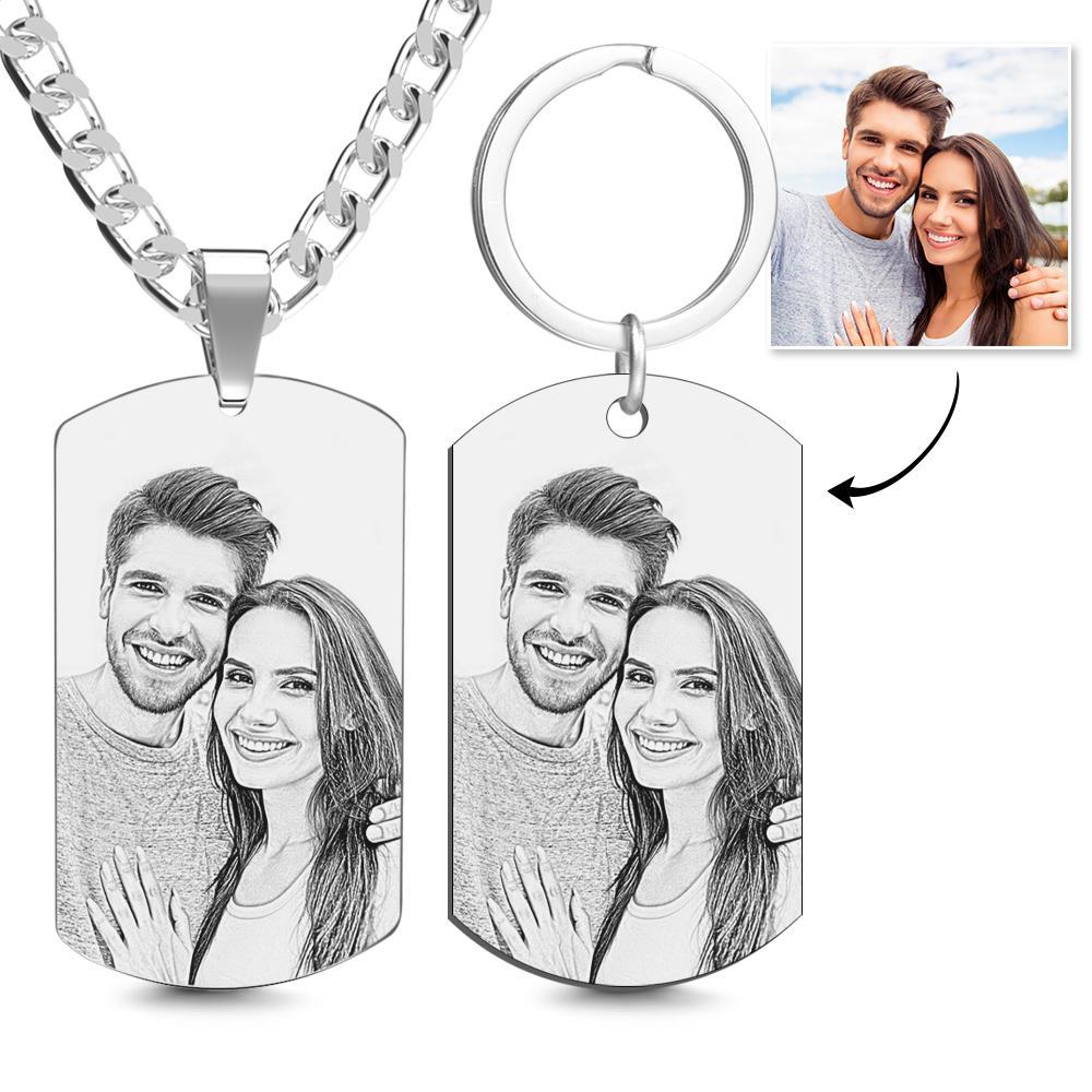 Custom Photo Necklace Keychain Set Photo Dog Tags Set Gifts for Dad - 
