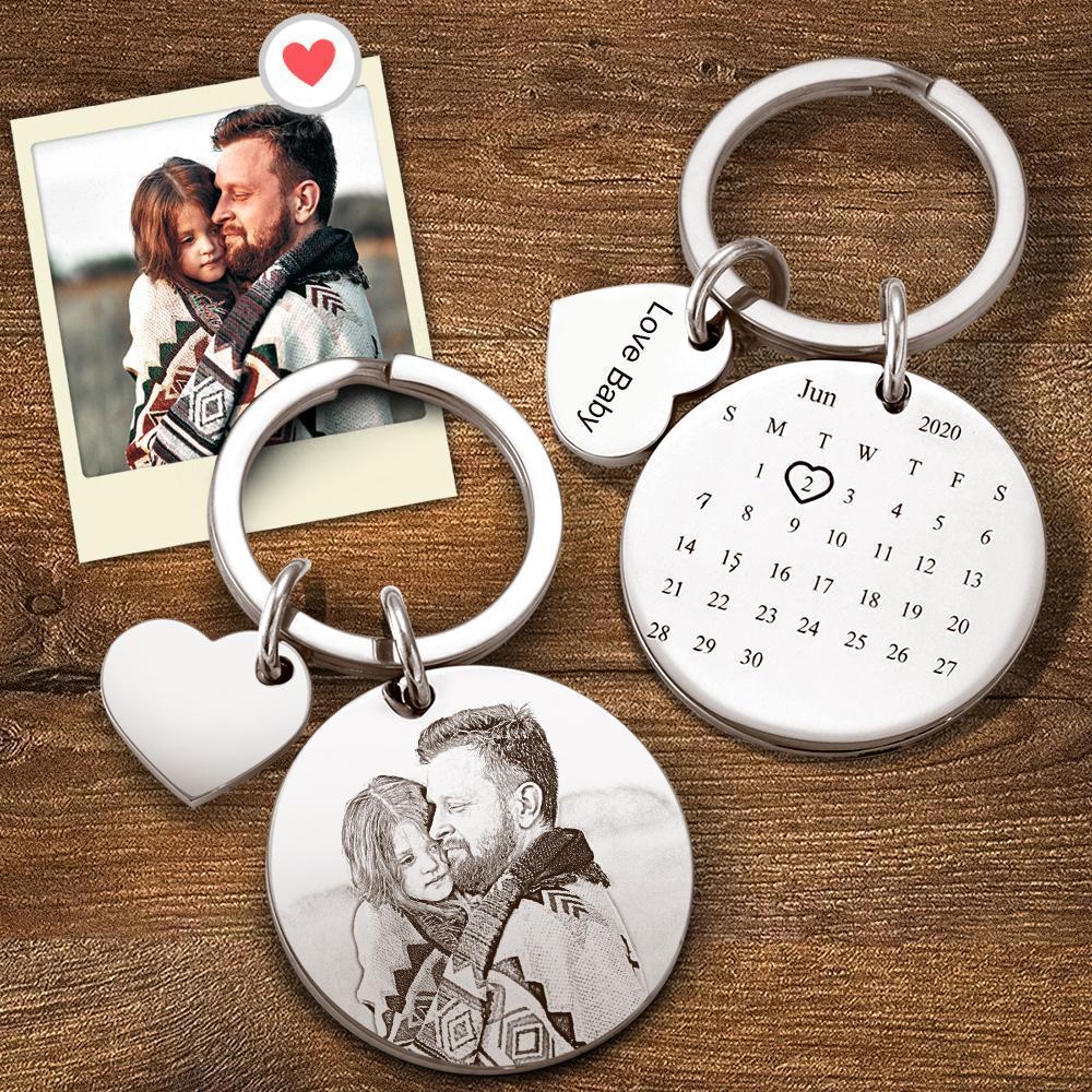 Custom Photo Engraved Keychain Date Save Keychain Significant Date Marker with Little Heart - 