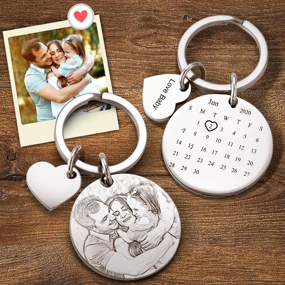Custom Photo Engraved Keychain Date Save Keychain Significant Date Marker Anniversary Wedding Birthday Gifts - 